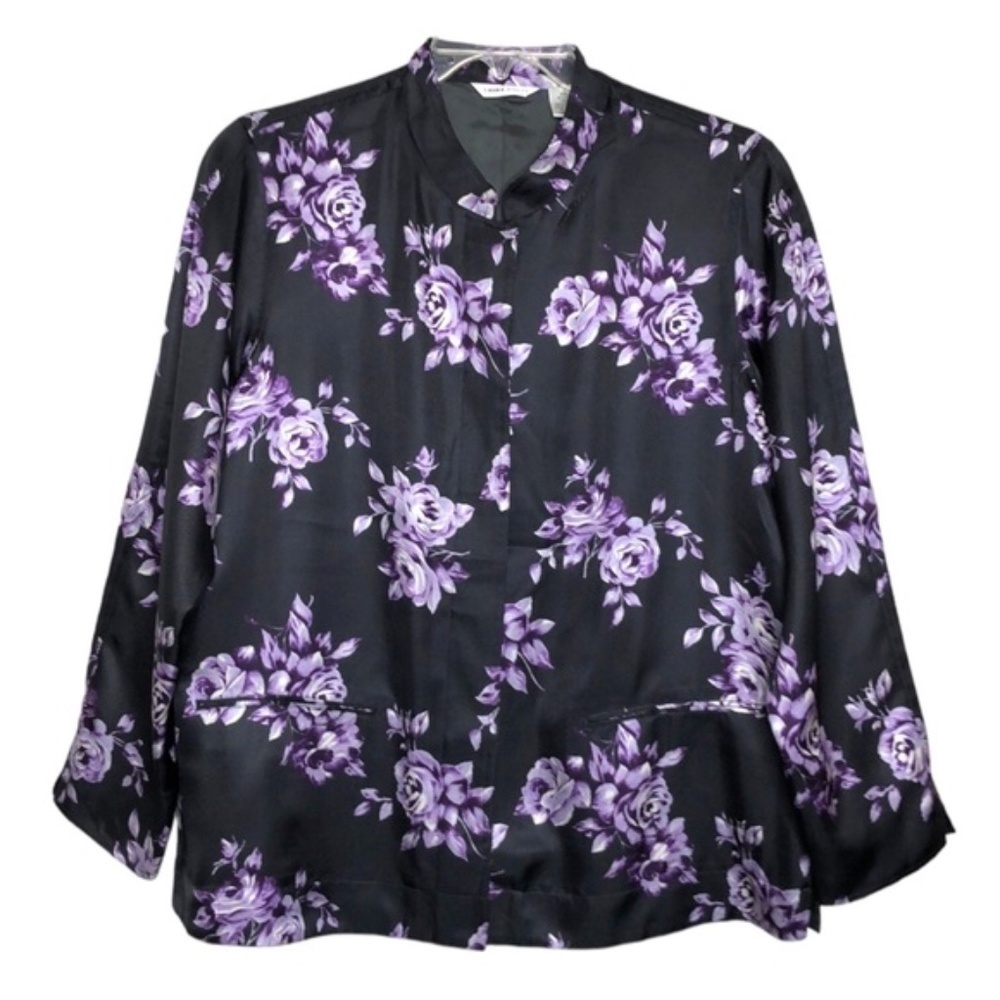 NEW - LAURA ASHLEY 100% Silk Gray, Lavender Floral Button Front Jacket - Size L